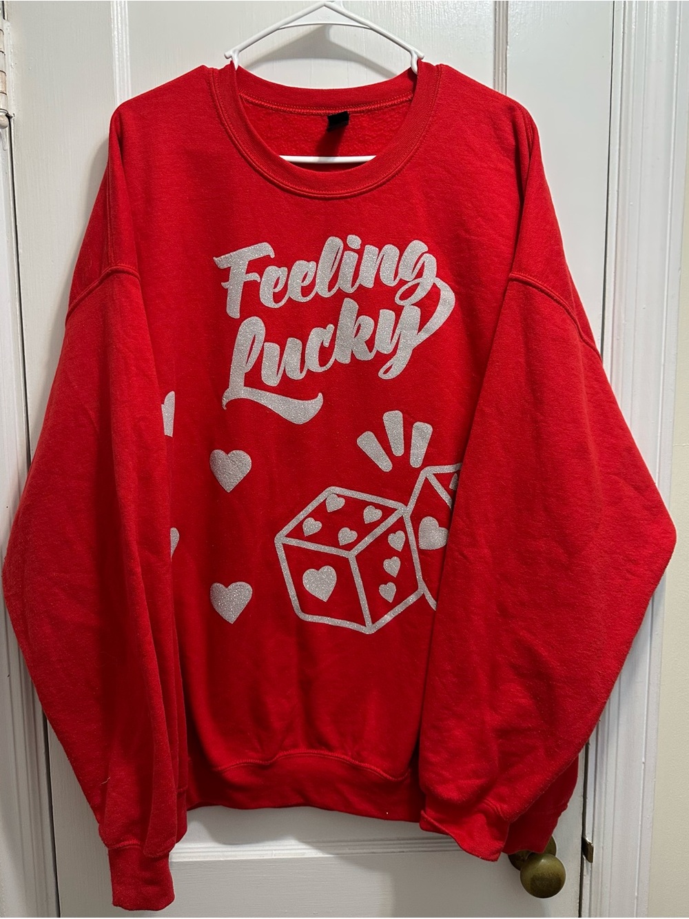 Gildan: Red Crewneck Sweatshirt with Silver 'Feeling Lucky' Graphic 2XL